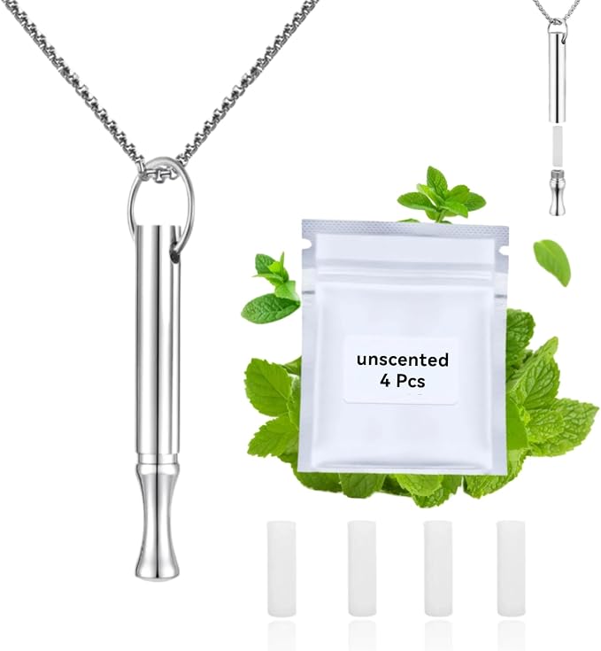 LAMKHOO Breathing Necklace to Quit Smoking and Vaping - Refillable Essential Oil Diffuser, Fidget Necklace for Anxiety Relief, Smokeless Inhaler with 4 Cotton Pods