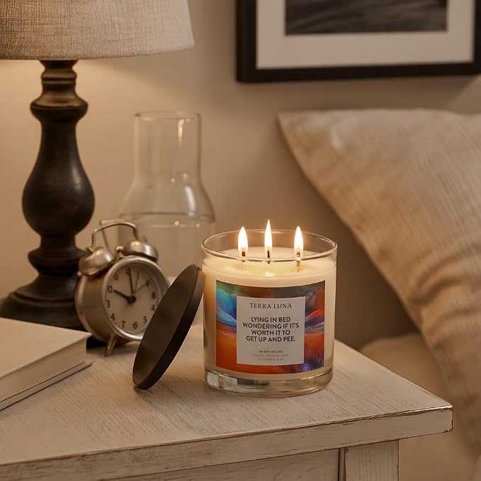 Sagebrook Home Scented Candle with Humorous Label - Long-Lasting & Aromatic - Glass & Wax - Boho Style - Home, Office, Bedroom, Living Room Decor - 4" Orange, Blue, Black