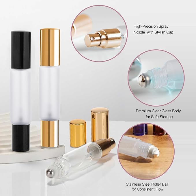 YOCASII 4PCS Dual End Bottle Set — Refillable Roll On Bottles for Essential Oils and Travel Spray Bottle Combo, Portable Perfume Atomizer & Roller Bottles for Castor Oil and Perfume