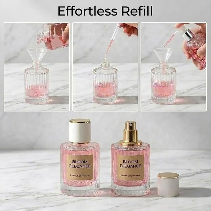 Empty Perfume Spray Bottles Set, Ribbed Glass Atomizer Refillable Portable Glass Atomizers with Funnel and Dropper, Fine Mist Spray for Women Men Dispenser Fragrance Container Set (6Pcs, Clear+Black)