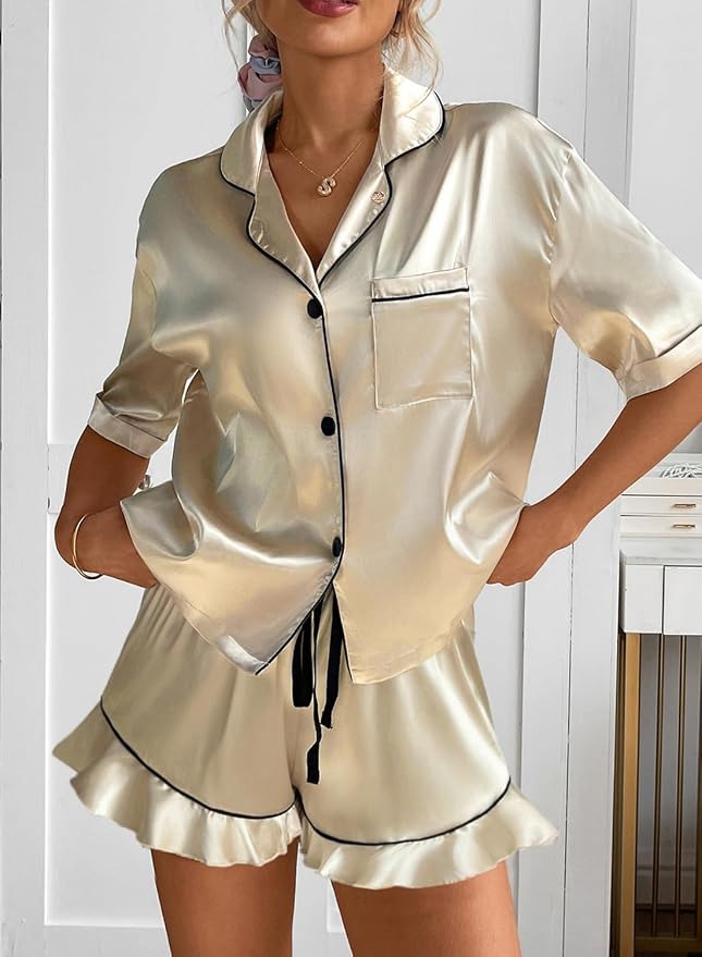 CHYRII Women's Silk Satin Pajamas Two Piece Pj Sets Short Sleeve Tops Ruffled Shorts Sleepwear with Magnetic Diffuser