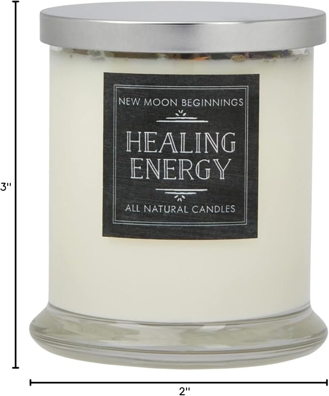 New Moon Beginnings Healing Candle - Negative Energy Cleansing - Soy Aromatherapy - Handmade with Crystals & Herbs - 12oz Glass Jar