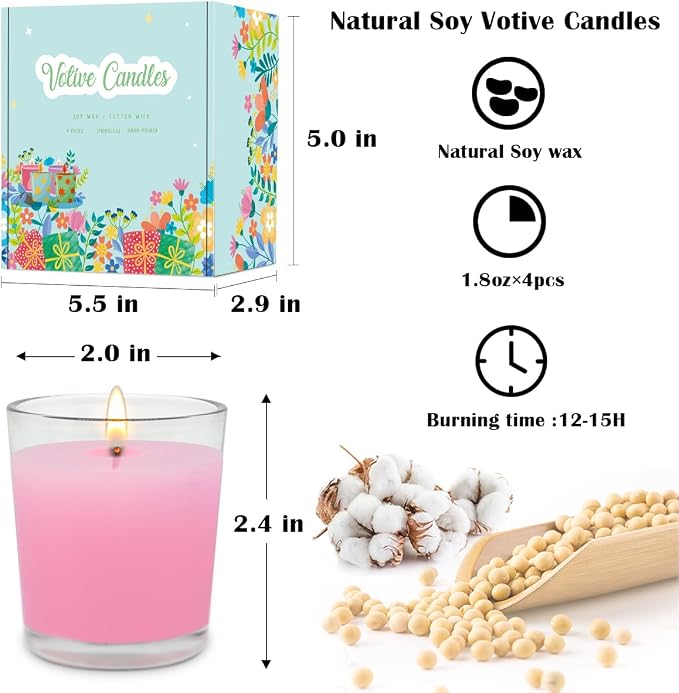 4 Packs Unscented Pink Votive Candles in Glass, 2 Inch Natural Soy Wax Scentless Candles for Valentine's Day Wedding Party Home Holiday Relaxation Spa, 12-15 Hour Burning Time