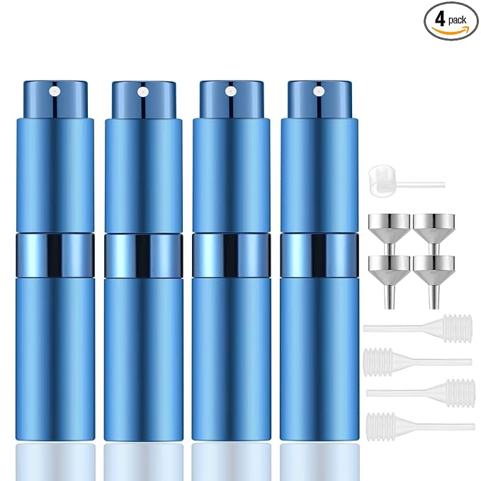 Lil Ray 8ml Portable Mini Perfume Atomizer(4 PCS)，Refillable Empty Small Spray Bottle for Travel, Twist Type Pocket Cologne Sprayer (Blue)