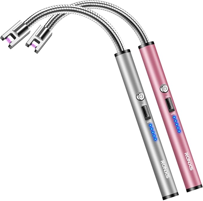 RONXS Lighter Electric Lighter Rechargeable Arc USB Candle Lighters with LED Battery Display, Flexible Neck Windproof Flameless Plasma Long Lighters for Candle BBQ Camping (Silver&Pink)
