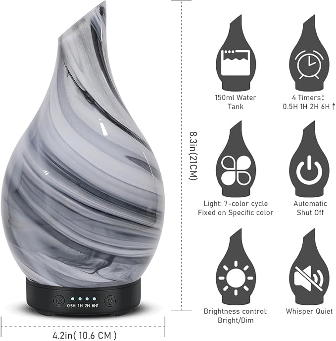 Aromatherapy Essential Oil Diffuser for Home- Art Glass Diffuser for Essential Oils with Waterless Auto Shut-Off 4 Timer 7 Colors LED Night Light for Home Office Decor Gifts for Women