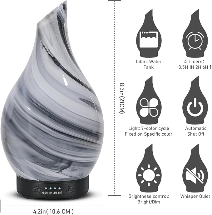 Aromatherapy Essential Oil Diffuser for Home- Art Glass Diffuser for Essential Oils with Waterless Auto Shut-Off 4 Timer 7 Colors LED Night Light for Home Office Decor Gifts for Women