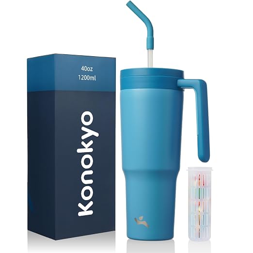 Konokyo Insulated Tumbler with Handle and Straw,40 OZ Vacuum Stainless Steel Water Bottle Travel Mug Metal Cup with Fruit Diffuser,Dark Blue