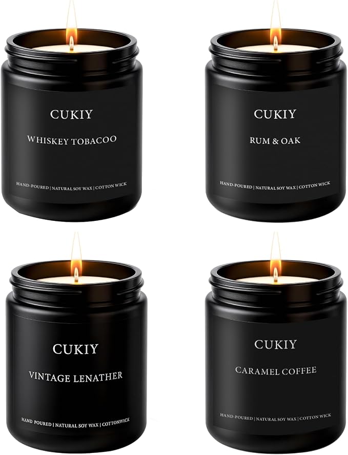 Scented Candle Gift Set, 4 Pack 25oz Soy Wax Candles, Long Lasting Aromatherapy Candles for Home Fragrance, Ideal Gift for Women and Men – Vintage Leather, Caramel Coffee, Rum Oak, Whiskey Tobacco