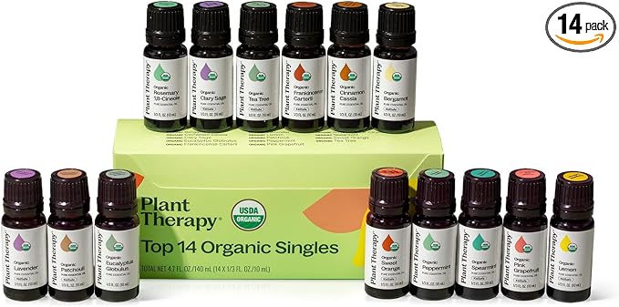 Plant Therapy Top 14 Organic Essential Oil Singles Set 100% Pure Essential Oils, Undiluted, Natural Aromatherapy for Diffusion and Body Care 10 mL (1/3 oz) Each