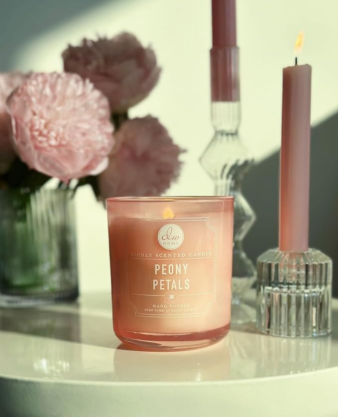 DW Home Peony Petals Wooden Wick Candle – Fresh Peony, Rose & Freesia Floral Fragrance, 12 oz Crackling Wood Wick Jar Candle, Long Burning Home Fragrance Candle