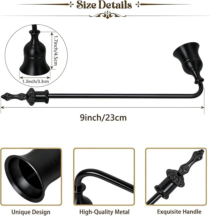 Candle Snuffer, 9-Inch Long Handle for Safe Flame Extinguishing, Smoke-Free & Splash-Free, Aluminum Metal Candle Wick Dipper & Extinguisher for Jar, Pillar, Scented Candles (Black, 1 Pc)
