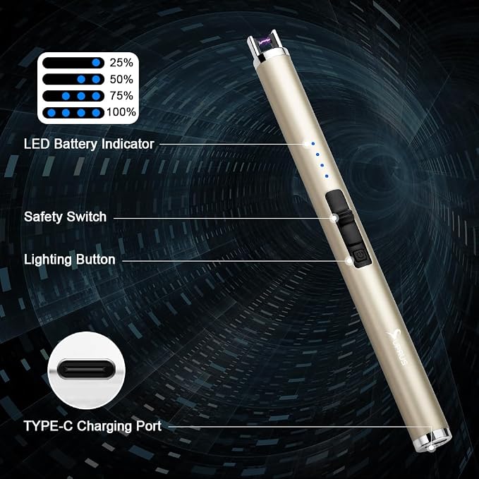 SUPRUS Electric Lighter Candle Type C Rechargeable Lighter with Upgraded LED Battery Display Safety Switch Flameless Plasma Windproof for Candle Cooking BBQs Fireworks Gift(Champagne Gold)