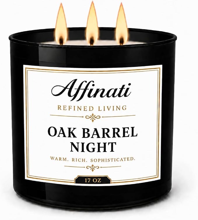 Affinati Oak Barrel Night 3 Wick Scented Candle – Large Soy Blend Candle, Strong Scent Throw Rich Woody Masculine Lounge Evening Candle, Premium Room Odor Eliminator Gift