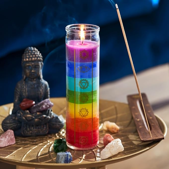 Simply Soson 2x8 inch 7 Chakra Candle Unscented Devotional Candle in Glass Jar - Set of 3 – Glass Prayer Candle - Promotes Positive Energy, Meditation & Relaxation