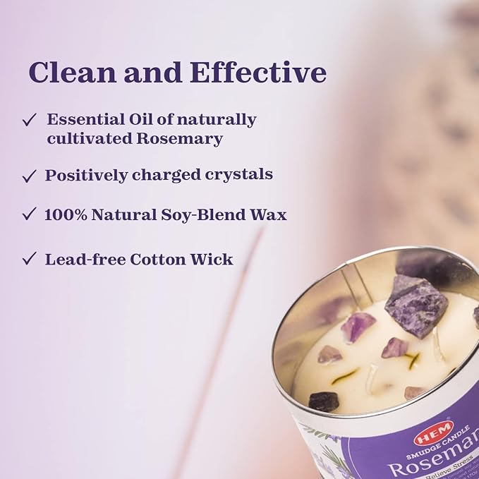 HEM Rosemerry Scented Smudge Candles – 3.2 Oz Natural Soy Candles with Crystals Inside – Long-Lasting 20-Hour Clean Burn – Perfect for Home Cleansing & Relaxation