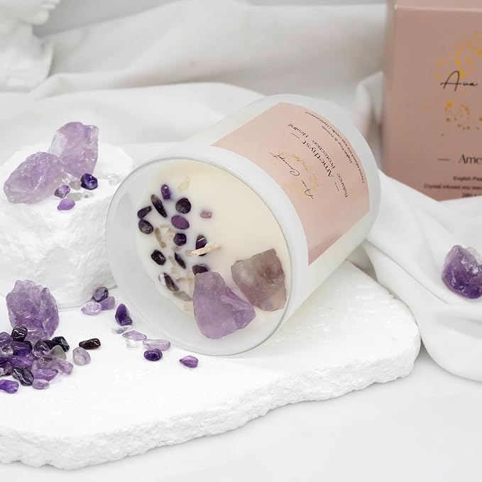 AvaConcept Amethyst Crystal Candle – 10oz / 280g | English Pear & Freesia Aromatherapy | Hand-Poured Soy Wax | Genuine Healing Crystals Embedded | Balance, Protection & Healing | Gift Box Included