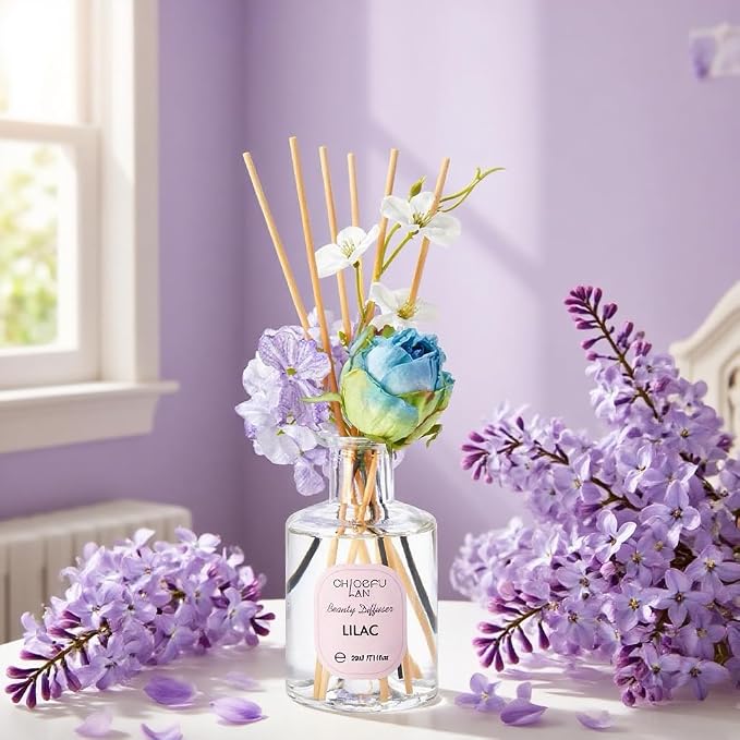 Lilac Reéd Diffuser Oil, 6.7 oz Refreshing Natural Essential Scented Oil with Purple Flower Diffuser Sticks,Bathroom Decor, Home & Office Decor,Diffuser Oil Gift Set