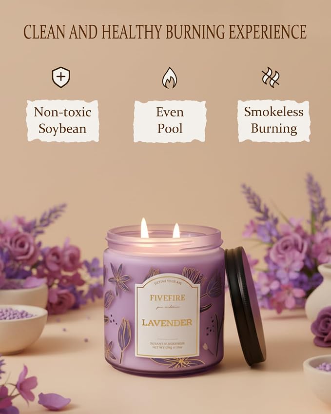 Lavender Scented Candles for Sleep, 13oz Natural Soy Wax 2-Wick Jar, Up to 76-Hour Clean Burn, Calming Sweet Lavender Home Fragrance, Gift for Women Men
