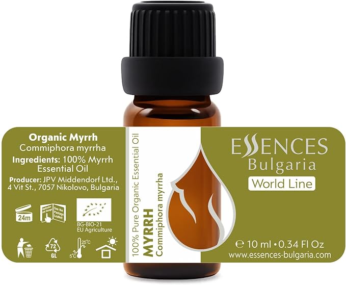 Essences Bulgaria Organic Myrrh Essential Oil 0.34 Fl Oz | 10ml | Commiphora myrrha | 100% Pure and Natural | Undiluted | Therapeutic Grade | Aromatherapy | Cosmetics | Cruelty Free | Non-GMO