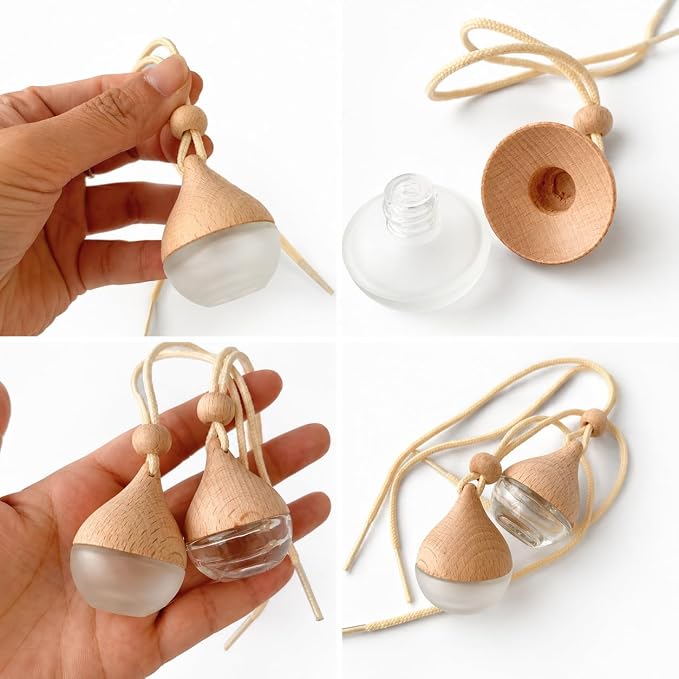 3 Pcs Hanging Car Air Freshener Diffuser Bottles – 6ml Refillable Essential Oil Aromatherapy Perfume Pendant, Clear Empty Glass with Wooden Cap & String for Vehicle Decoration, Closet Fragrance