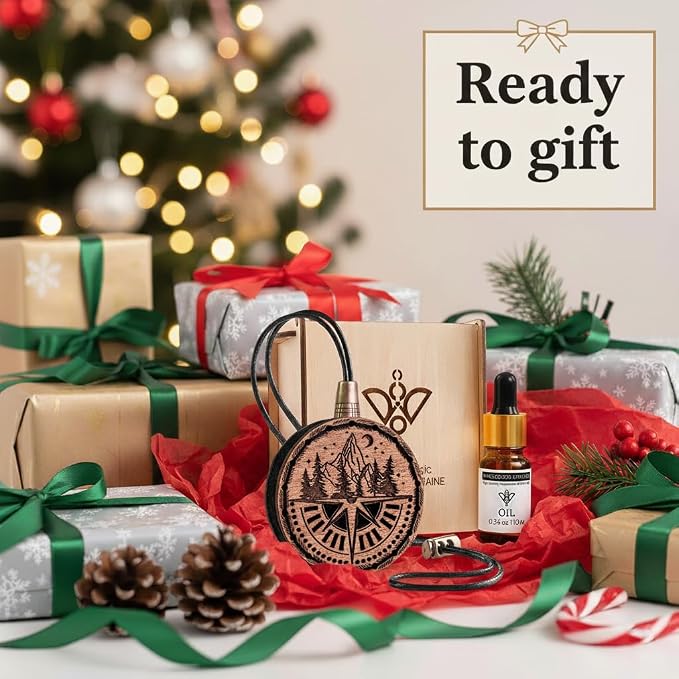 Wood Car Air Freshener — Handmade Car Air Freshener — Compass Mountains Designed Fragrance Oil Diffuser in Wooden Gift Box — Aromatherapy Set with diAquatoria Fragrance Oil - 10 ml