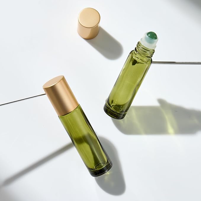 Qeuly 6 Pack Green Aventurine Quartz Roller Bottles for Essential Oils, 10ml Amber Glass Roll on Bottles with Natural Crystal Balls, Leak-Proof Travel Size Perfume Roller Bottle (Olive green)