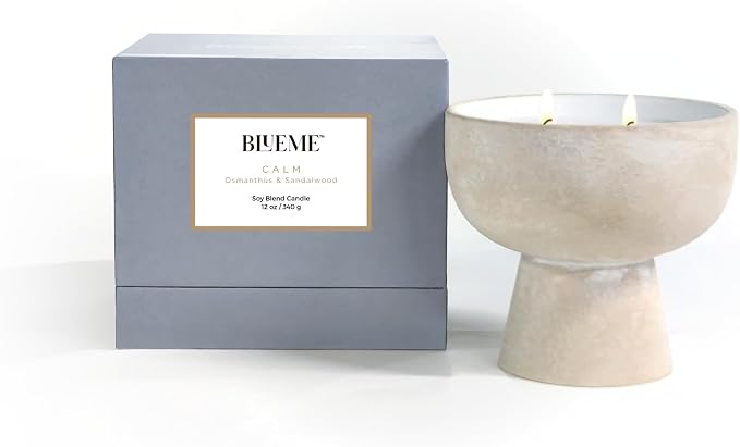 Blueme Calm Candle | Osmanthus & Sandalwood | 2 Wick - Refillable Wellness Candle with Essential Oils, Hand Finished & Poured Soy Wax Blend Ceramic Vessel, Natural Cotton Wicks | Medium 12 oz