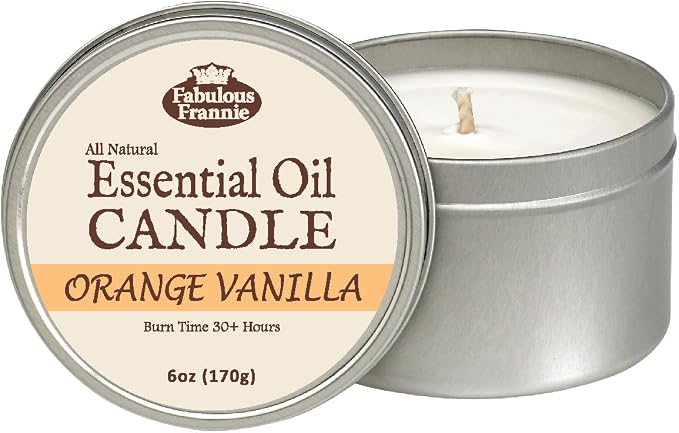 Fabulous Frannie All Natural Aromatherapy Soy Candle Travel tin Made with Pure Essential Oils 100 Hours Burn time 6oz (Orange Vanilla)