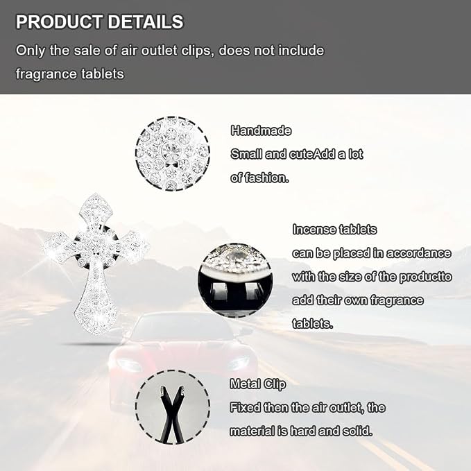 2PCS Car Air Vent Clip, Car Diffuser, Bling Car Dashboard Air Vent Trim Clip, Cross Air Conditioning Outlet Clip for Women Girls, Silver