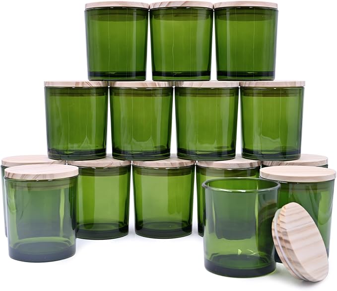SHOWIN 8 OZ Thick Candle Jars for Making Candles 15 Pcs, Green Empty Jars with Wood Lids for Candle Making, Sample Container,Clear Green