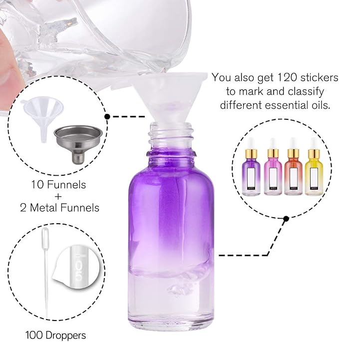 PrettyCare Glass Eye Dropper Bottles 99 Pack, 1oz (30ml) Rainbow Empty Thick Bottles Bulk with Leakproof Golden Caps - With Labels & Funnels for Storage, Travel, Essential Oils, Cuticle, Tinctures