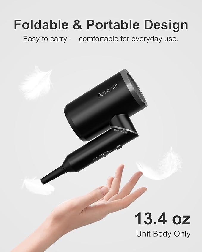 ANNLARY Dual Voltage Travel Hair Dryer with Diffuser & Comb, 1800W Portable Foldable Blow Dryer, Plasma Ionic Hairdryer for Frizz Control & Shine, Low Noise, 110V-120V/220V-240V European Use