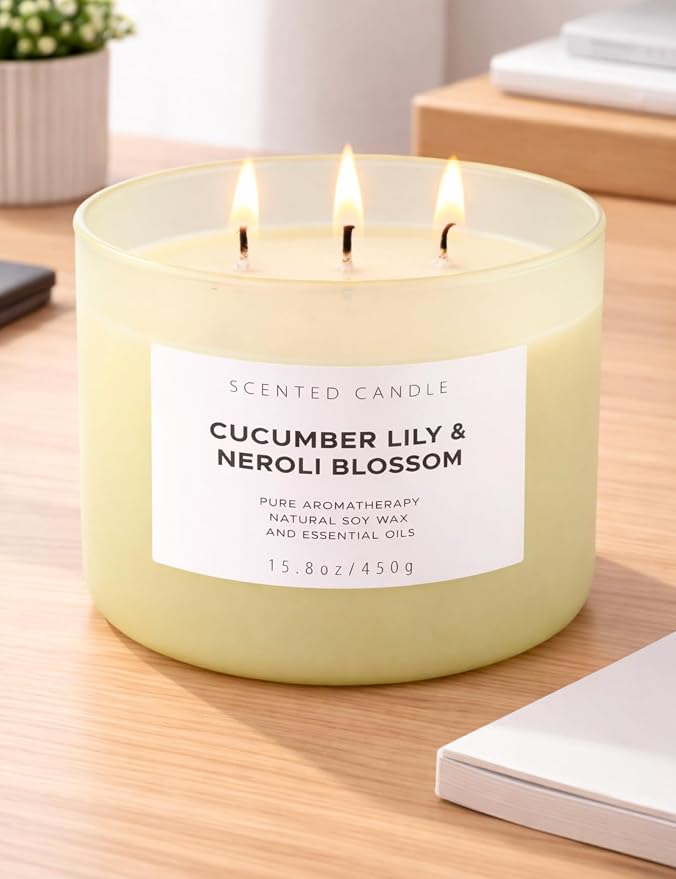 Cucumber Lily & Neroli 3-Wick Soy Floral Scented Candle for Women, 15.8oz | Orange Blossom & Citrus Notes, Aromatherapy, Large Jar, Clean Burn, Home, Bath & Bedroom, Gift for Her, Housewarming