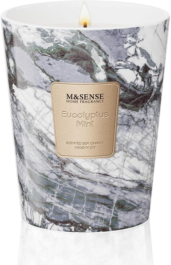 M&SENSE Eucalyptus Mint Scented Soy Candle, 3 Wick Highly Scented 14.1 Oz 75H, Aromatherapy Christmas Gift for Women and Men