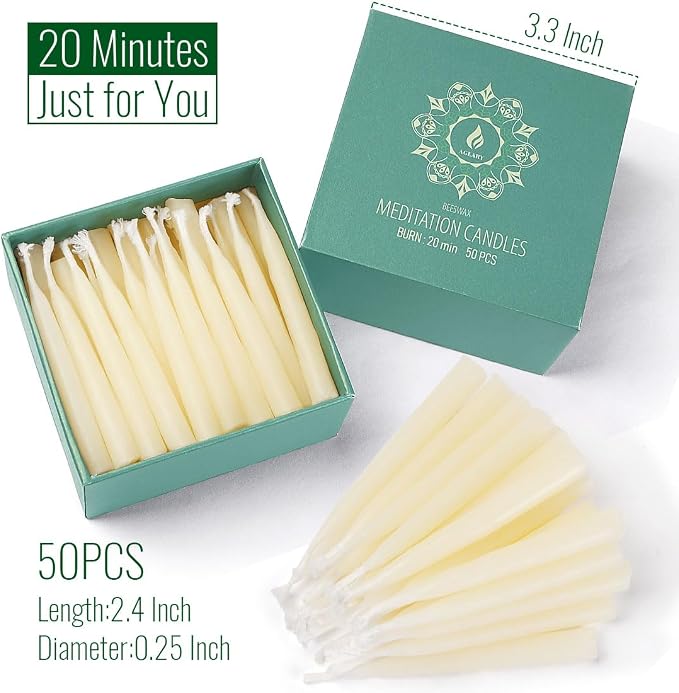 20-Minute White Pure Beeswax Candles, Dripless Meditation Candles, Mini Taper Candles Without Brass Candle Holders, Set of 50