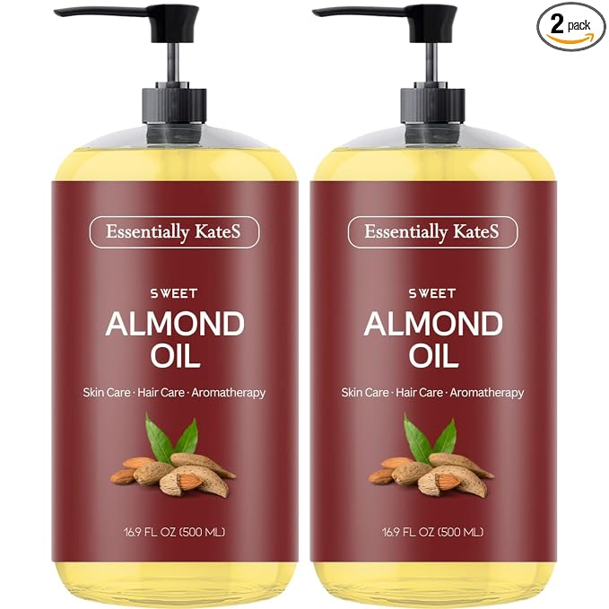 Essentially KateS Sweet Almond Oil 33.8 Fl Oz - Pack of 2 x 16.9 Fl Oz - 100% Pure and Natural - Conditioning, Moisturizing & Nourishing - No Greasy Feel - A Natural Vit. E source