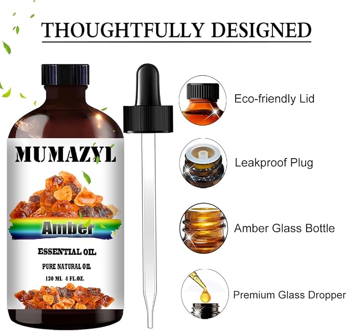 Amber Essential Oil, Amber Oil 4 Fl Oz 120ML for Diffuser Humidifier Yoga Cleaning DIY Candle Soap Making MUMAZYL Essential Oils