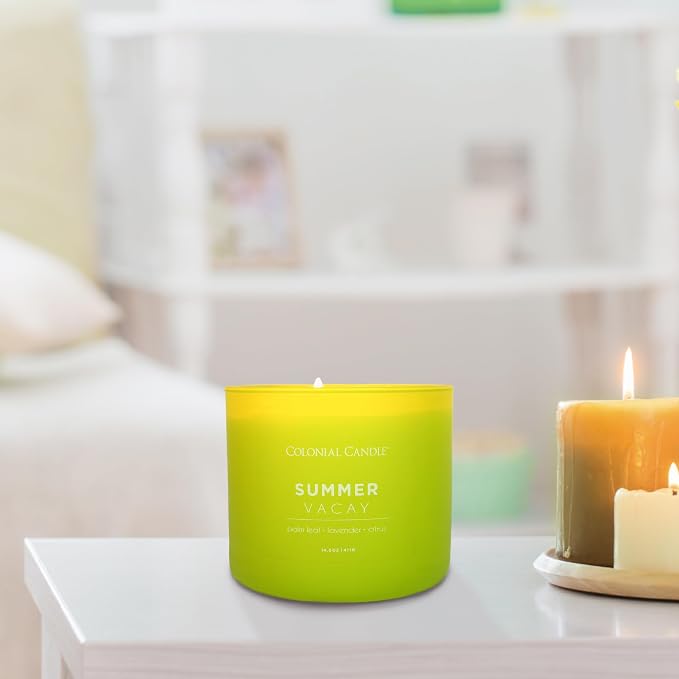 Colonial Candle Summer Vacay Scented Jar Candle, Pop of Color Collection, 3 Wick, 14.5 oz - Up to 60 Hours Burn