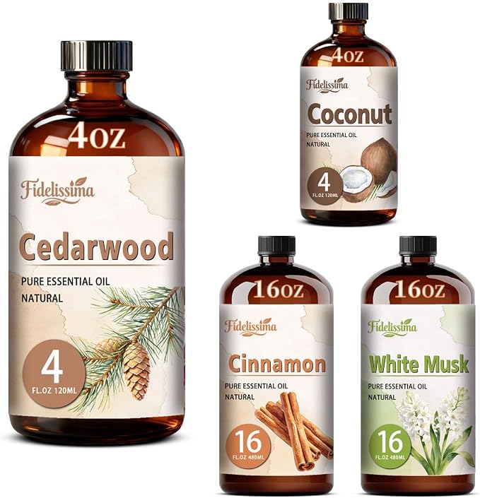Fidelissima Natural Essential Oil Set,4 Scents Gift Kit –Cedarwood,Coconut,Cinnamon,White Musk,Fragrance Oil for Diffuser,Candle Soap Making,Personal Care with Glass Dropper