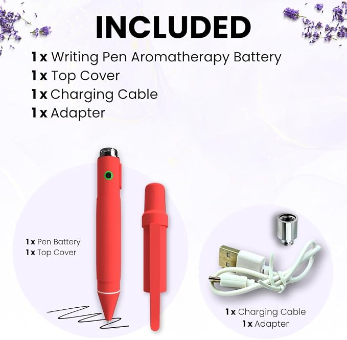 Aromatherapy Writing Pen Battery with Real Ink Tip and Hidden Diffuser Port, Soft Touch Ballpoint for Note Taking, Signature, and On-The-Go Relaxation, Rechargeable Wellness Gift for Office (Red)