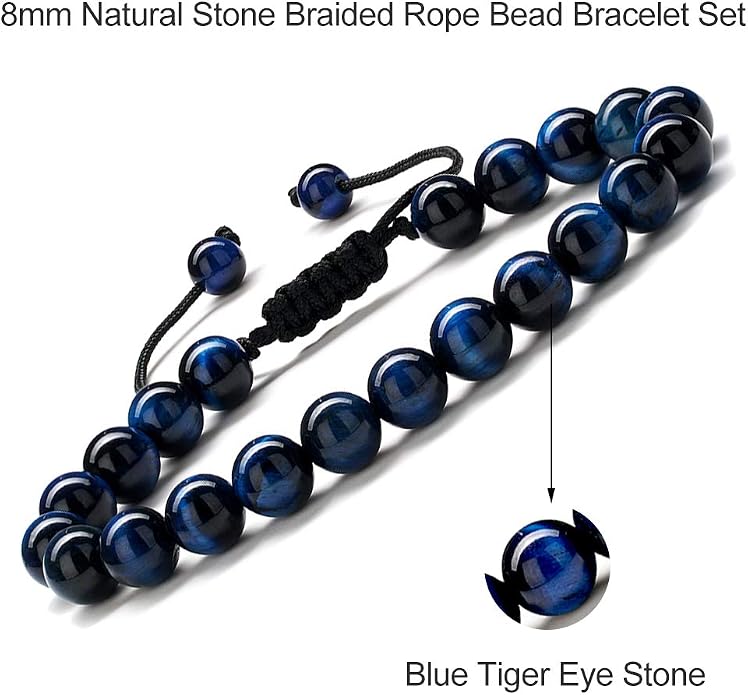 M MOOHAM Mens Bracelet - Beaded Natural Stone 8mm Tiger Eye Matte Agate Lava Rock Bracelets for Men Teen Boys Grandpa Dad Birthday Gifts Jewelry