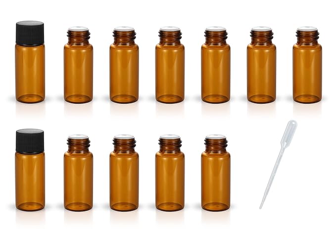 12 Pack Set Brown Screw Cap Glass Bottle Small Mini Empty Oil Amber Vial (10ml)