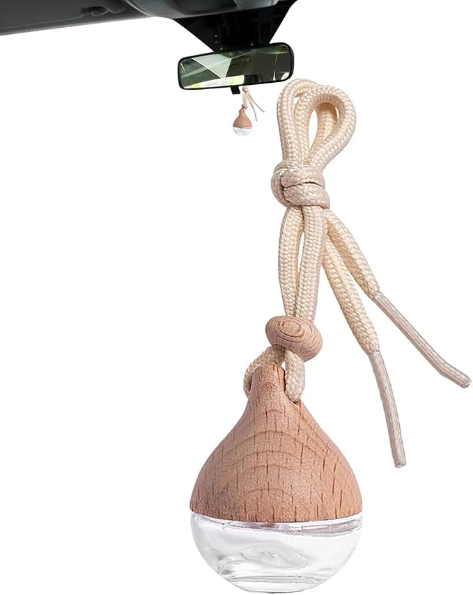 3 Pcs Hanging Car Air Freshener Diffuser Bottles – 6ml Refillable Essential Oil Aromatherapy Perfume Pendant, Clear Empty Glass with Wooden Cap & String for Vehicle Decoration, Closet Fragrance