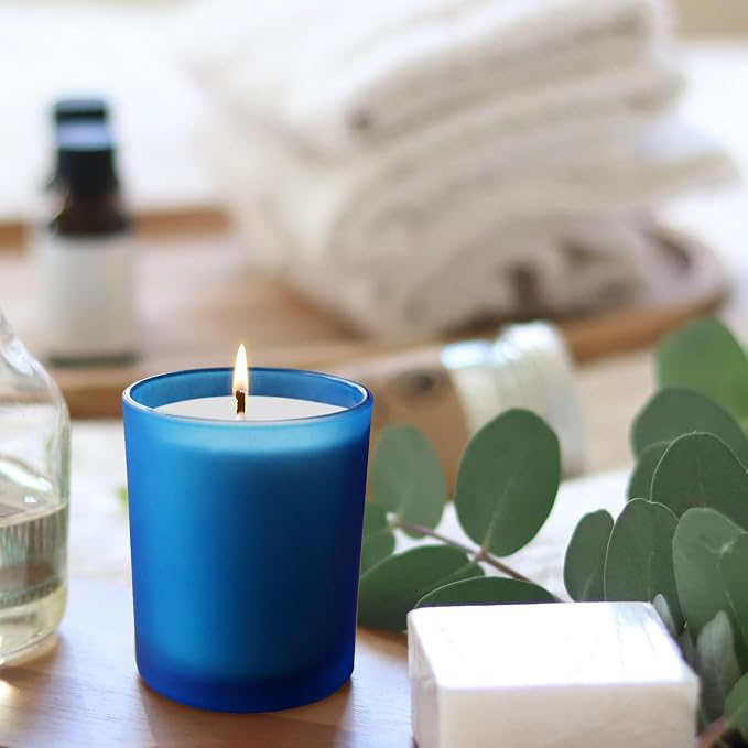 SHOWIN Thick Candle Jars for Making Candles 16 Pcs, 7 OZ Empty Jars with Wood Lids for Candle Making, Sample Container, Frosted Blue