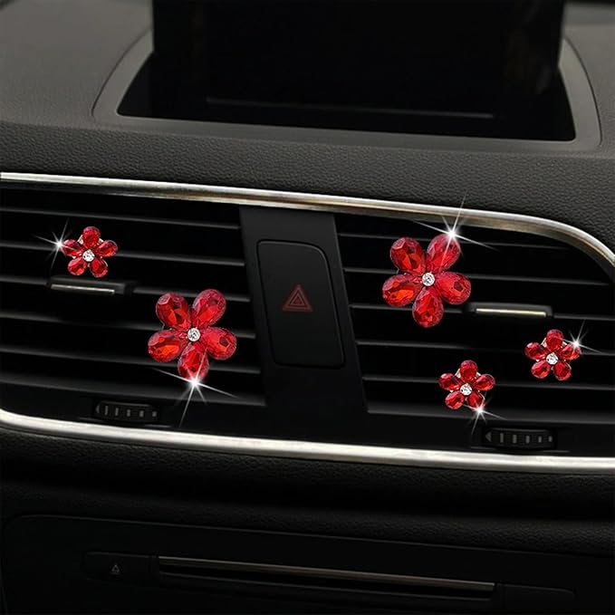 Bling Daisy Flower Car Air Vent Clips, 5PCS Sparkling Crystal Rhinestone Cute Vehicle Air Conditioning Clamp, Diamond Auto Air Outlet Clip Decor for Women Girls (Red)