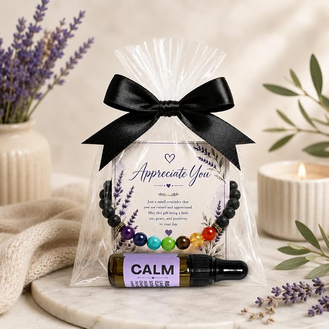 Chakra Lava Stone Diffuser Gift Set with Calm Essential Oil Blend, Lavender, Stress Relief, Wedding, Party Favors
