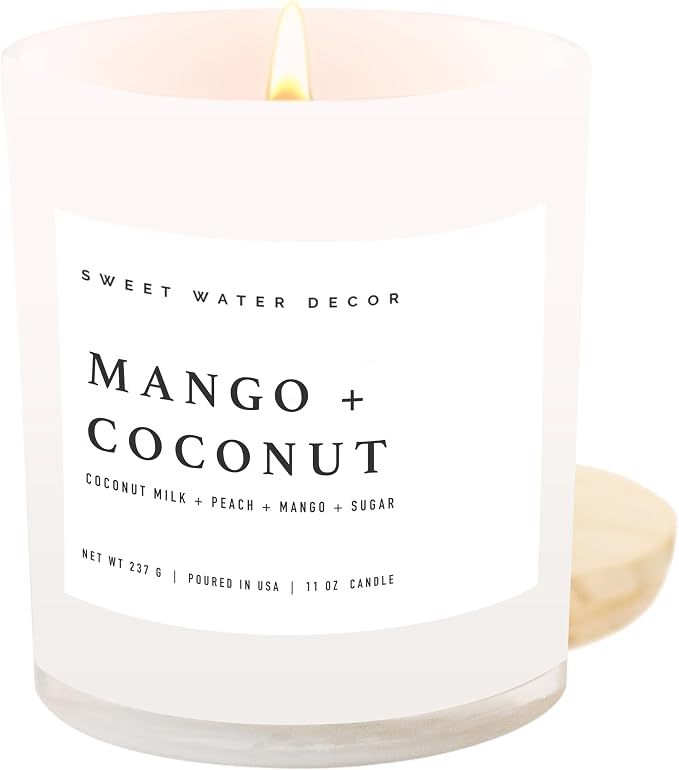 Sweet Water Decor Mango and Coconut Candle - Soy Pineapple, Mango and Orange Scented Summer Candles for Home - 11oz White Glass Jar and Wood Lid, 50+ Hour Burn Time, Made in the USA