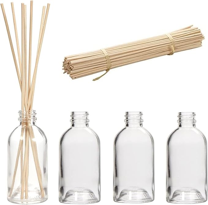 Hosley Set of 4 Glass Diffuser Bottles 85ml with 108 Rattan Diffuser Reeds, 7" High - Perfect for Craft Projects, Weddings & Parties