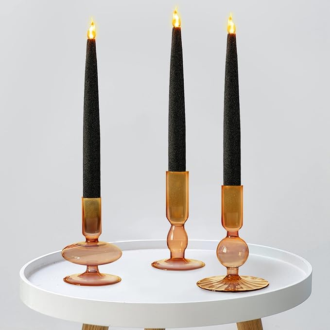 FURORA LIGHTING Black Glitter LED Taper Candles, 4-Pack, 6/18 Timer, Batteries Included